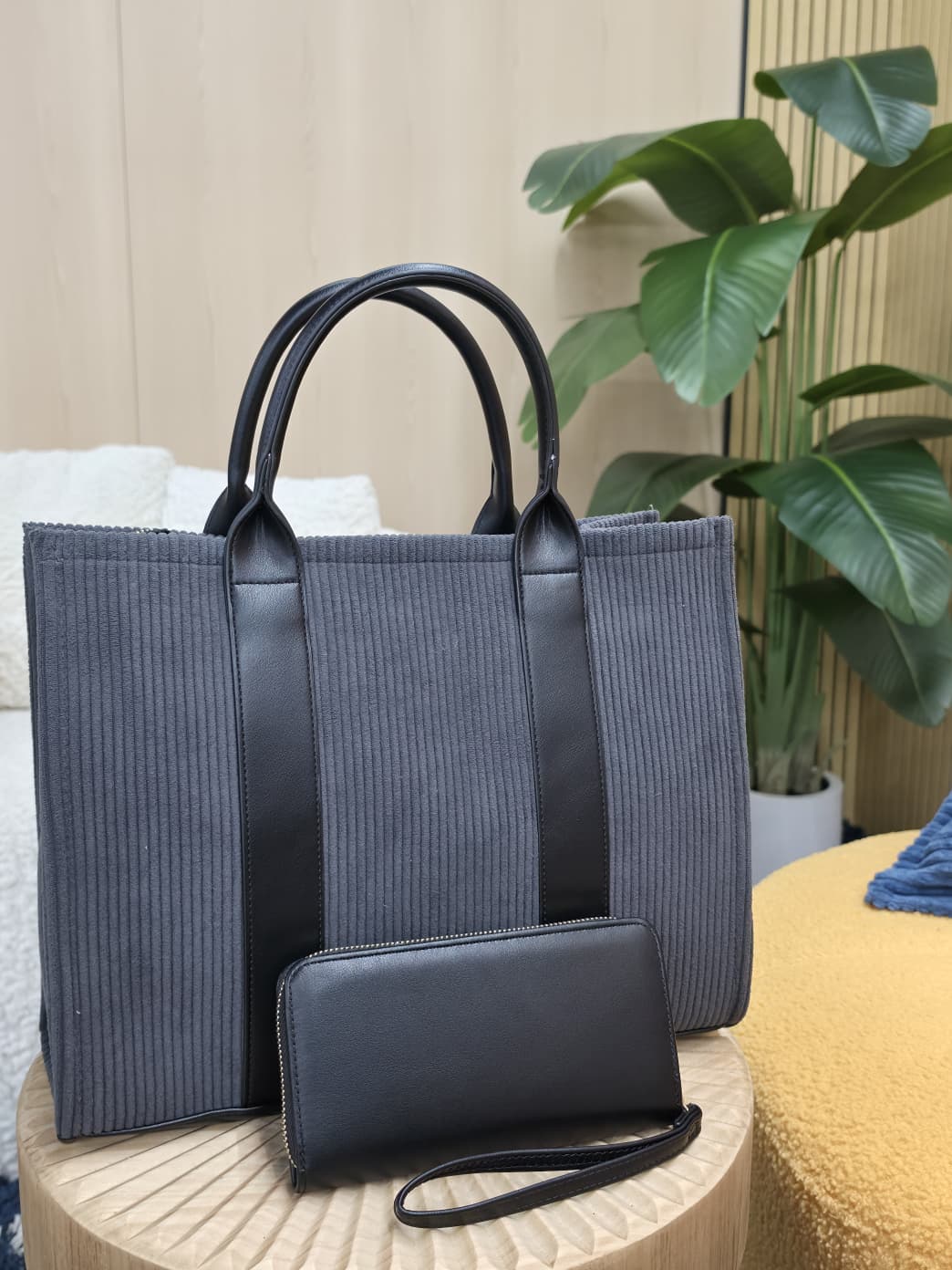 TT-0132 - Corduroy Texture Large Tote and Wallet Set - Image 3